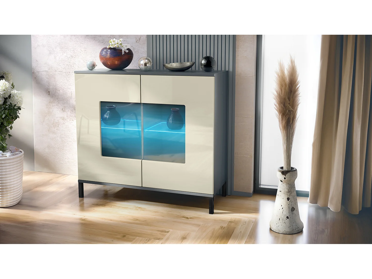 Commode Grömitz V3, Armoire de cuisine moderne avec 2 grandes portes vitrées incl. éclairage RGB anthracite mat / crème haute brillance (92,5 x 83.5 x 35)