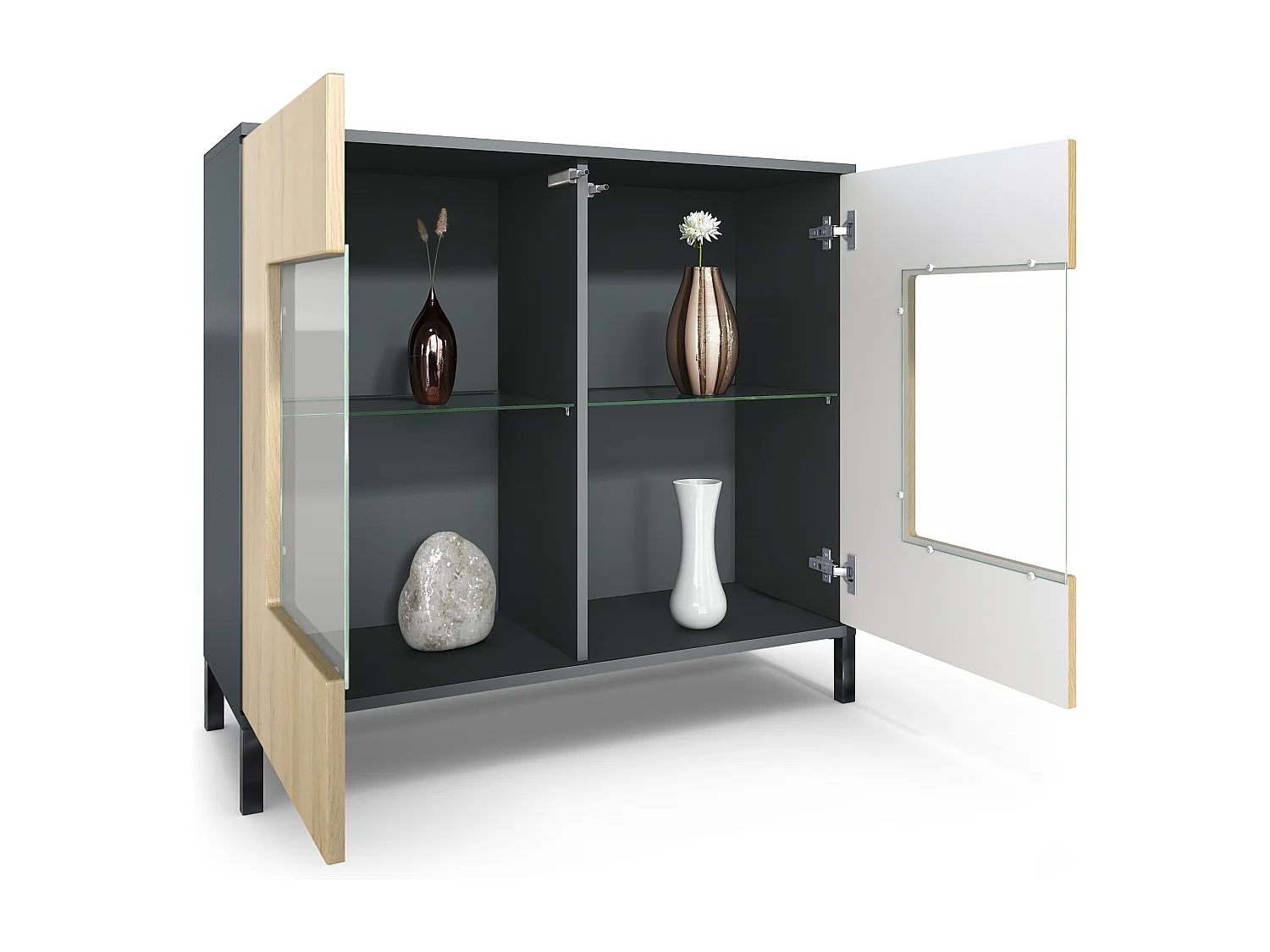 Commode Grömitz V3, Armoire de cuisine moderne avec 2 grandes portes vitrées incl. éclairage RGB anthracite mat / crème haute brillance (92,5 x 83.5 x 35)