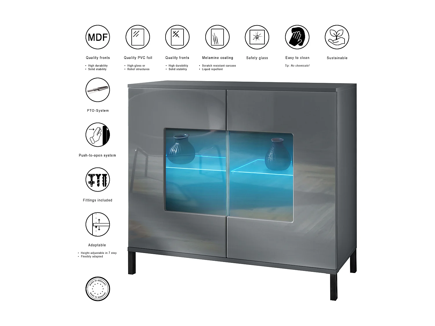 Commode Grömitz V3, Armoire de cuisine moderne avec 2 grandes portes vitrées incl. éclairage RGB anthracite mat / crème haute brillance (92,5 x 83.5 x 35)