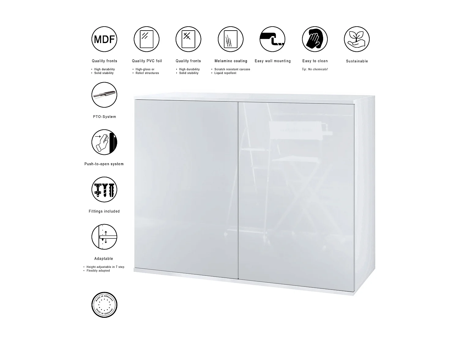 Credenza Skadu V3, Mobile da Cucina Moderno con 2 Grandi Ante bianco opaco / bianco lucido (92,5 x 73.5 x 35)