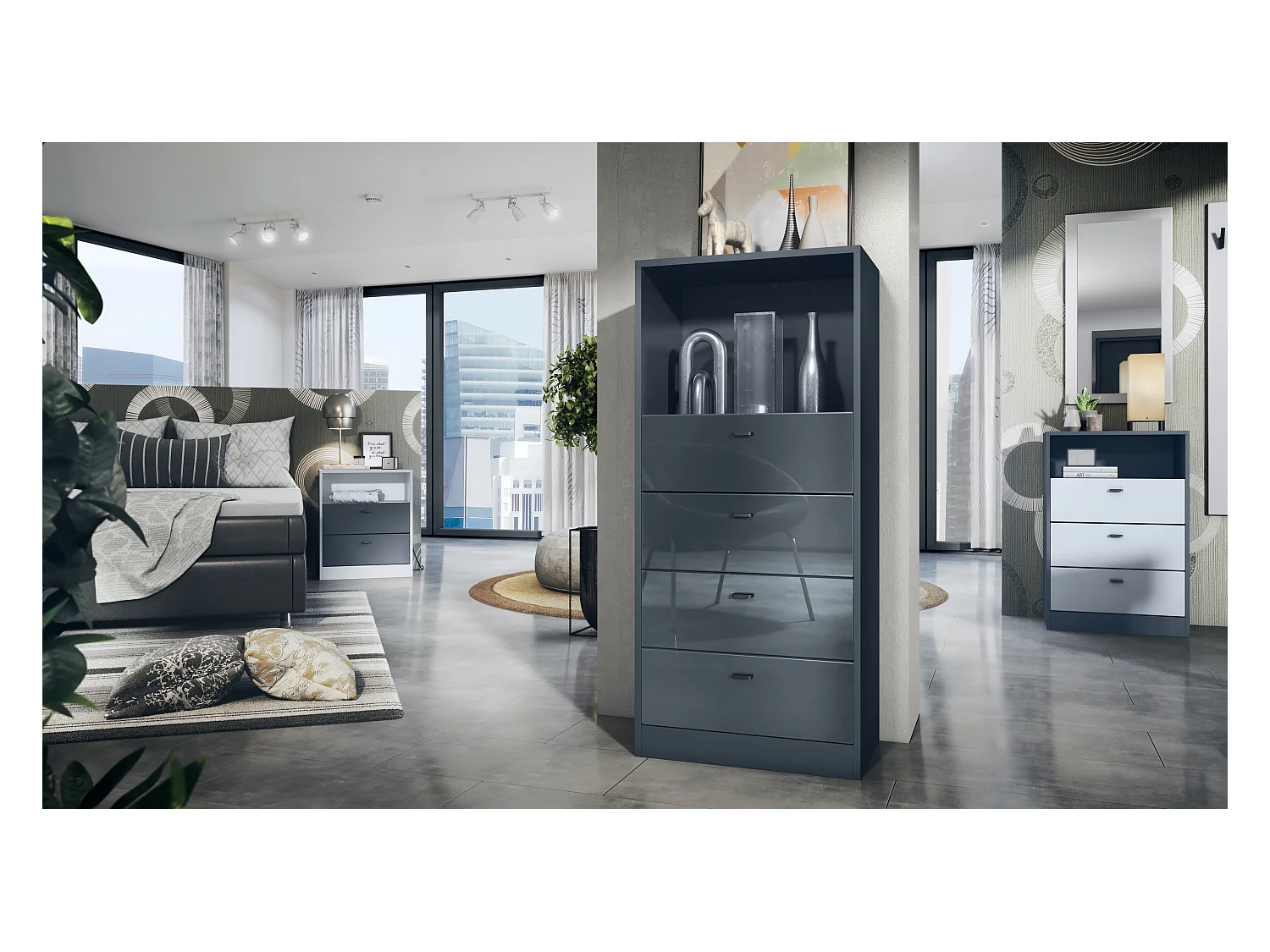 Commode Buffet Pino V3, avec 4 tiroirs & 1 compartiment ouvert, Anthracite mat/Gris haute brillance sans LED (56 x 125 x 36 cm)