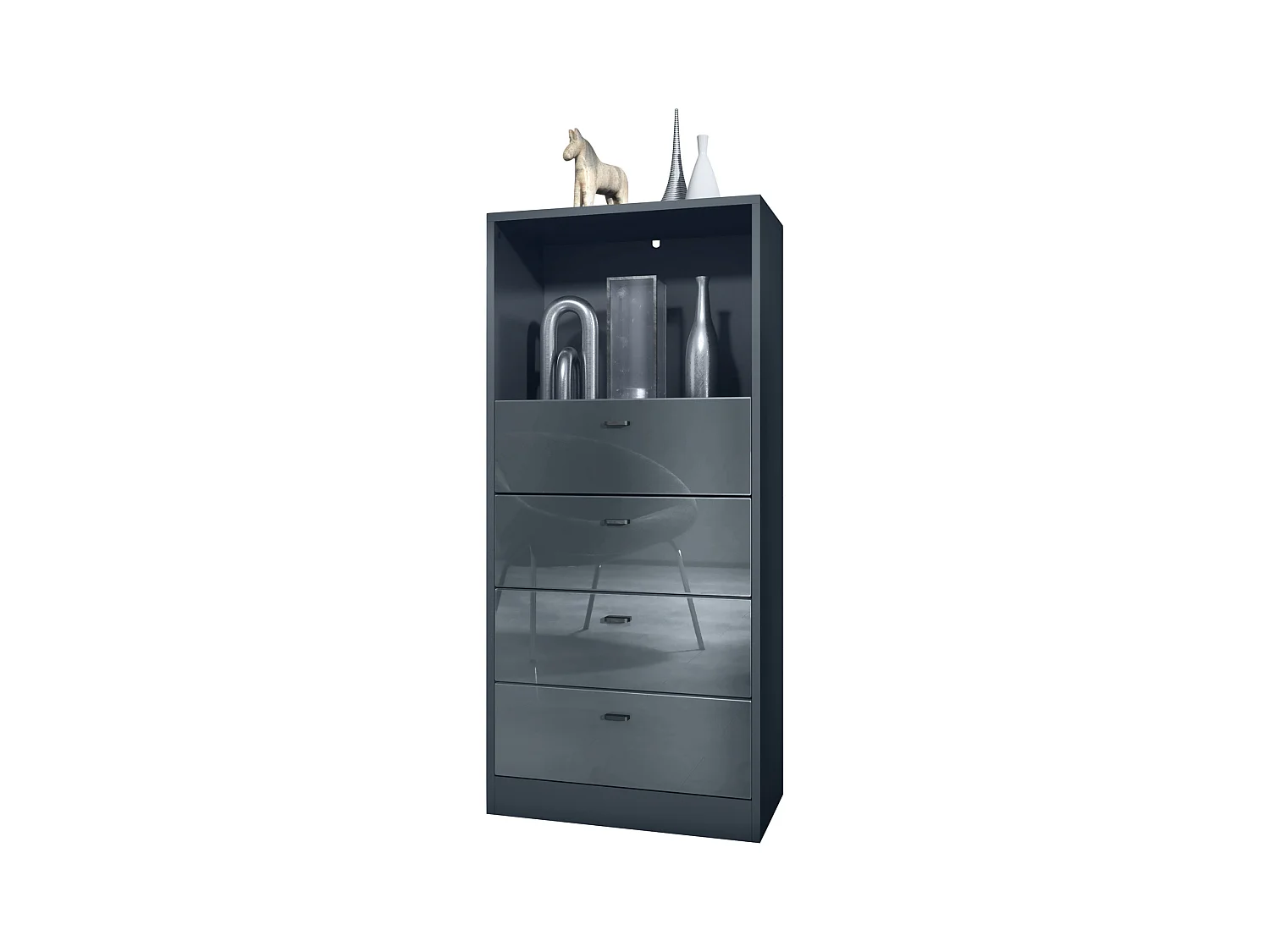 Commode Buffet Pino V3, avec 4 tiroirs & 1 compartiment ouvert, Anthracite mat/Gris haute brillance sans LED (56 x 125 x 36 cm)