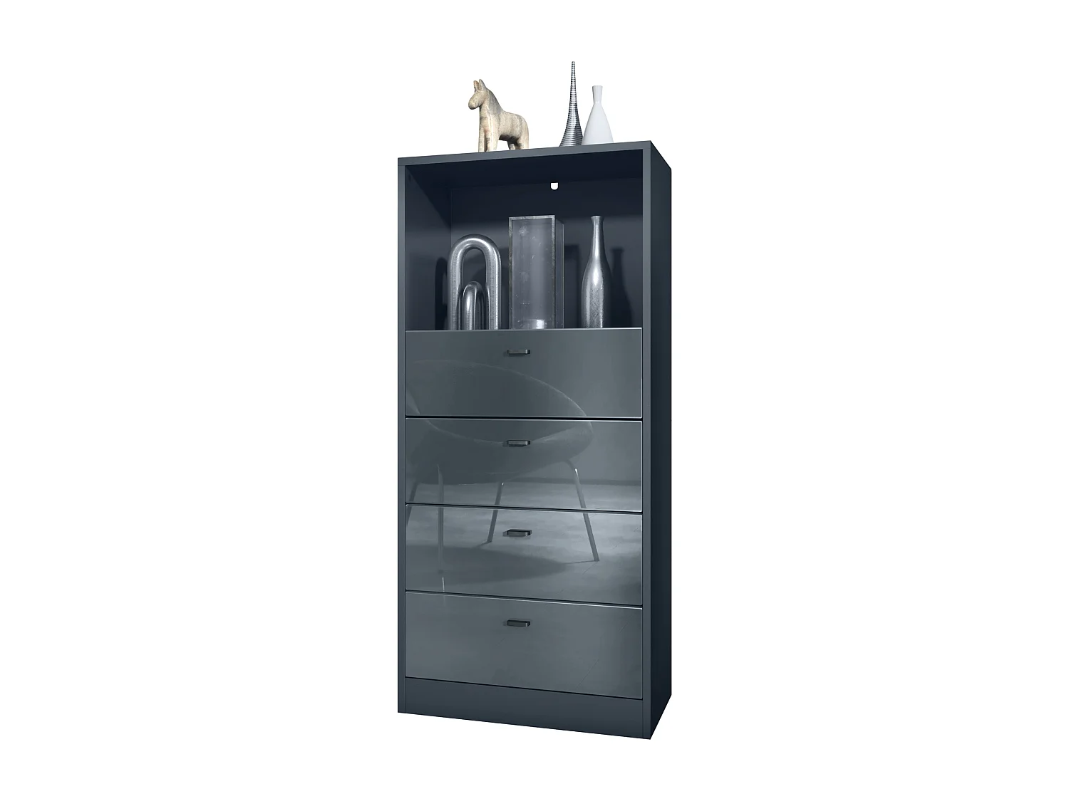 Cassettiera Pino V3, Credenza con 4 cassetti e 1 vano a giorno, Antracite/Grigio High Gloss senza LED (56 x 125 x 36 cm)