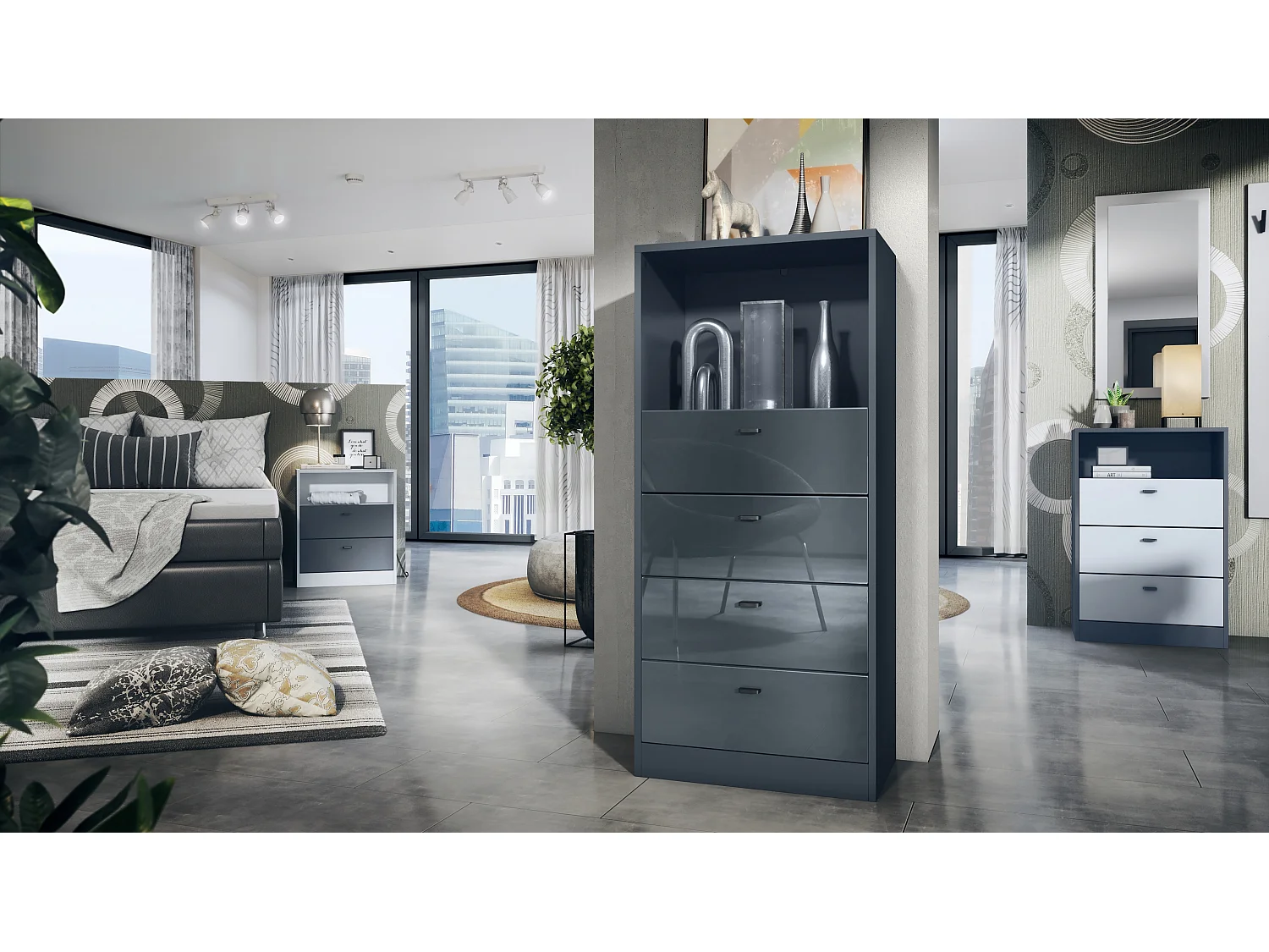 Cassettiera Pino V3, Credenza con 4 cassetti e 1 vano a giorno, Antracite/Grigio High Gloss senza LED (56 x 125 x 36 cm)