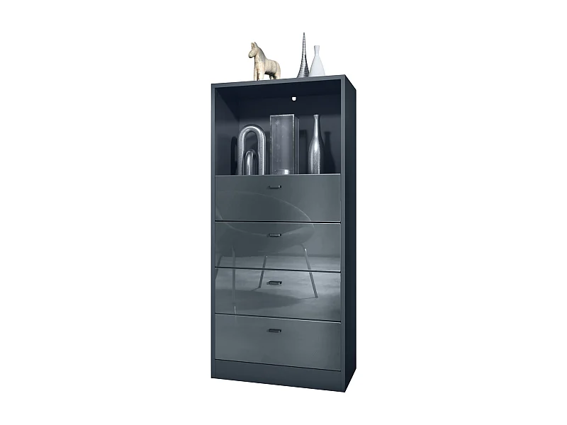 Commode Buffet Pino V3, avec 4 tiroirs & 1 compartiment ouvert, Anthracite mat/Gris haute brillance sans LED (56 x 125 x 36 cm)