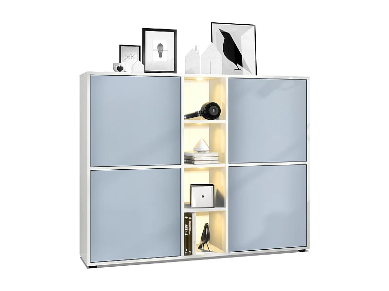 Vladon Credenza Cuba V3, bianco opaco/denim opaco incl. LED - Credenza moderna con 12 scomparti (130,5 x 105,5 x 35,5 cm)