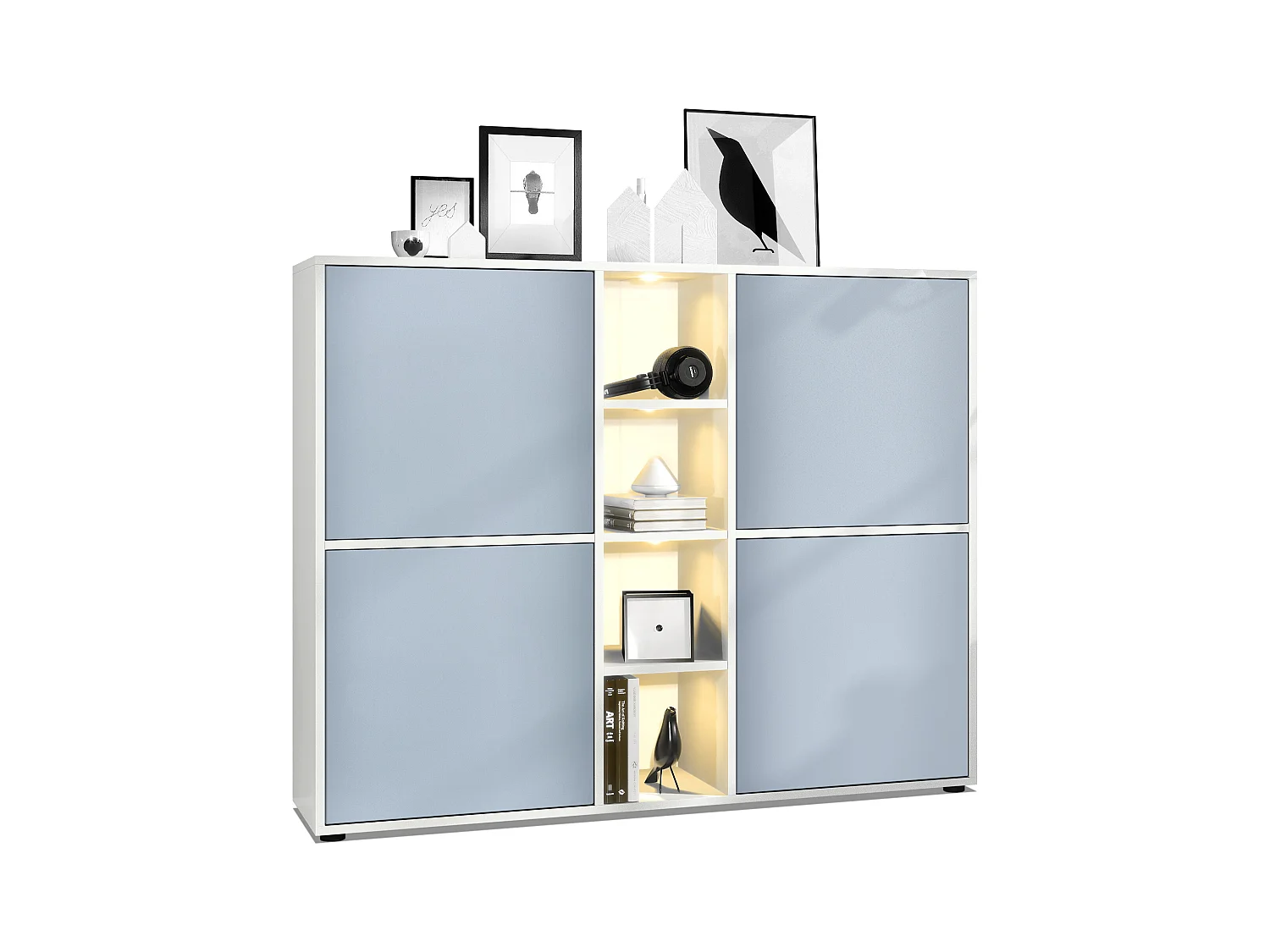Highboard Cuba V3, blanc mat/denim mat y compris LED - Buffet moderne à 12 compartiments (130,5 x 105,5 x 35,5 cm)