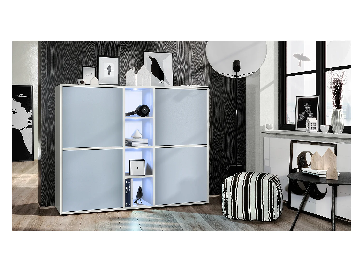 Highboard Cuba V3, blanc mat/denim mat y compris LED - Buffet moderne à 12 compartiments (130,5 x 105,5 x 35,5 cm)