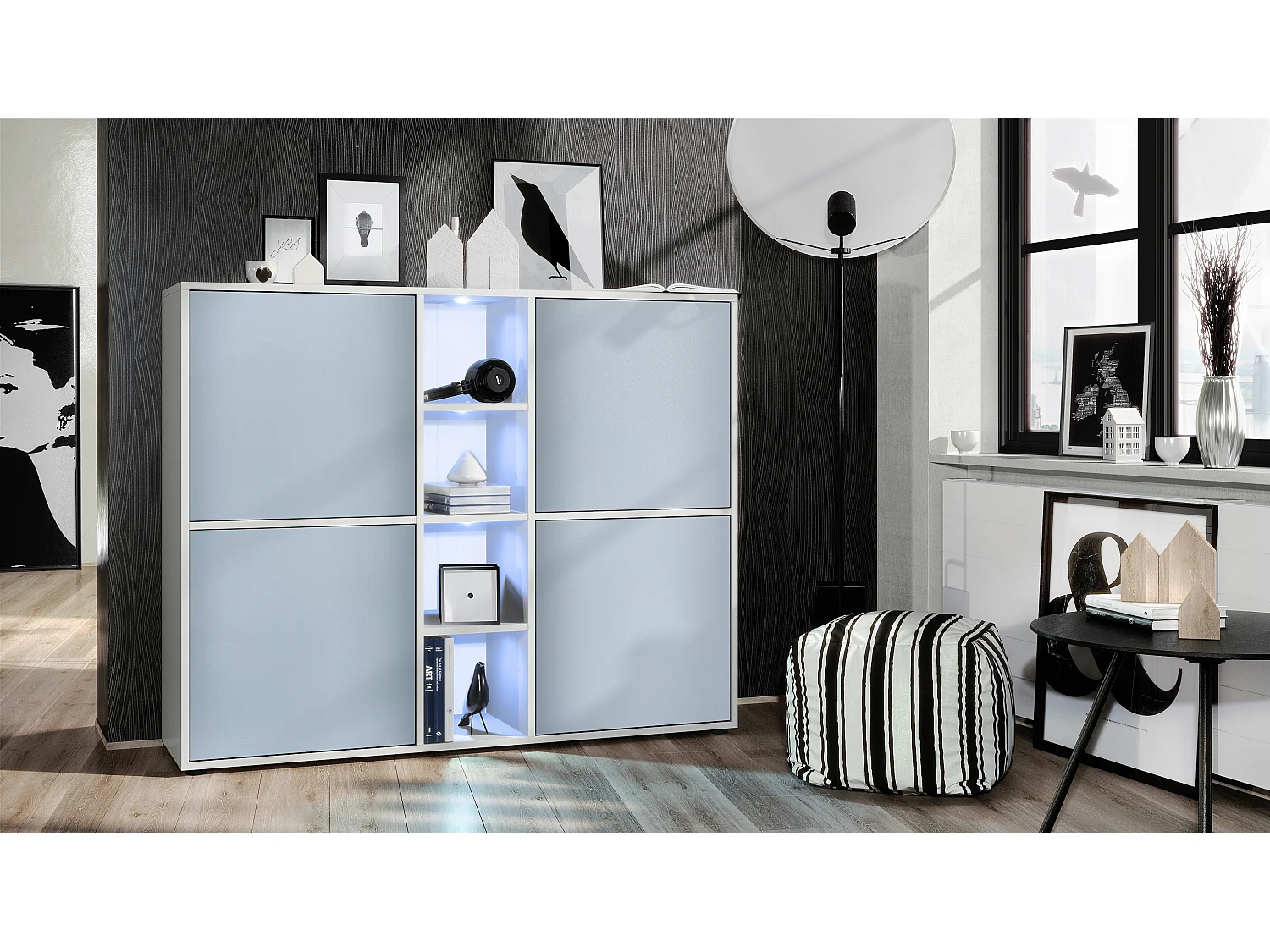 Vladon Credenza Cuba V3, bianco opaco/denim opaco incl. LED - Credenza moderna con 12 scomparti (130,5 x 105,5 x 35,5 cm)