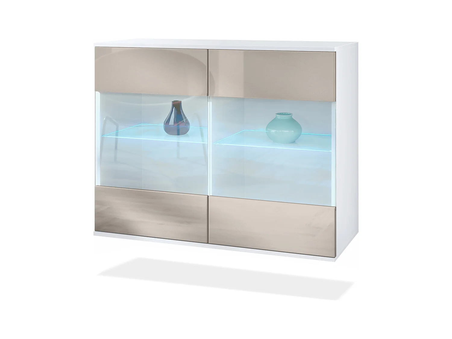 Commode Bari V3, Armoire de cuisine moderne avec 2 grandes portes vitrées incl. éclairage RGB blanc mat / gris sable haute brillance (92,5 x 73.5 x 35)