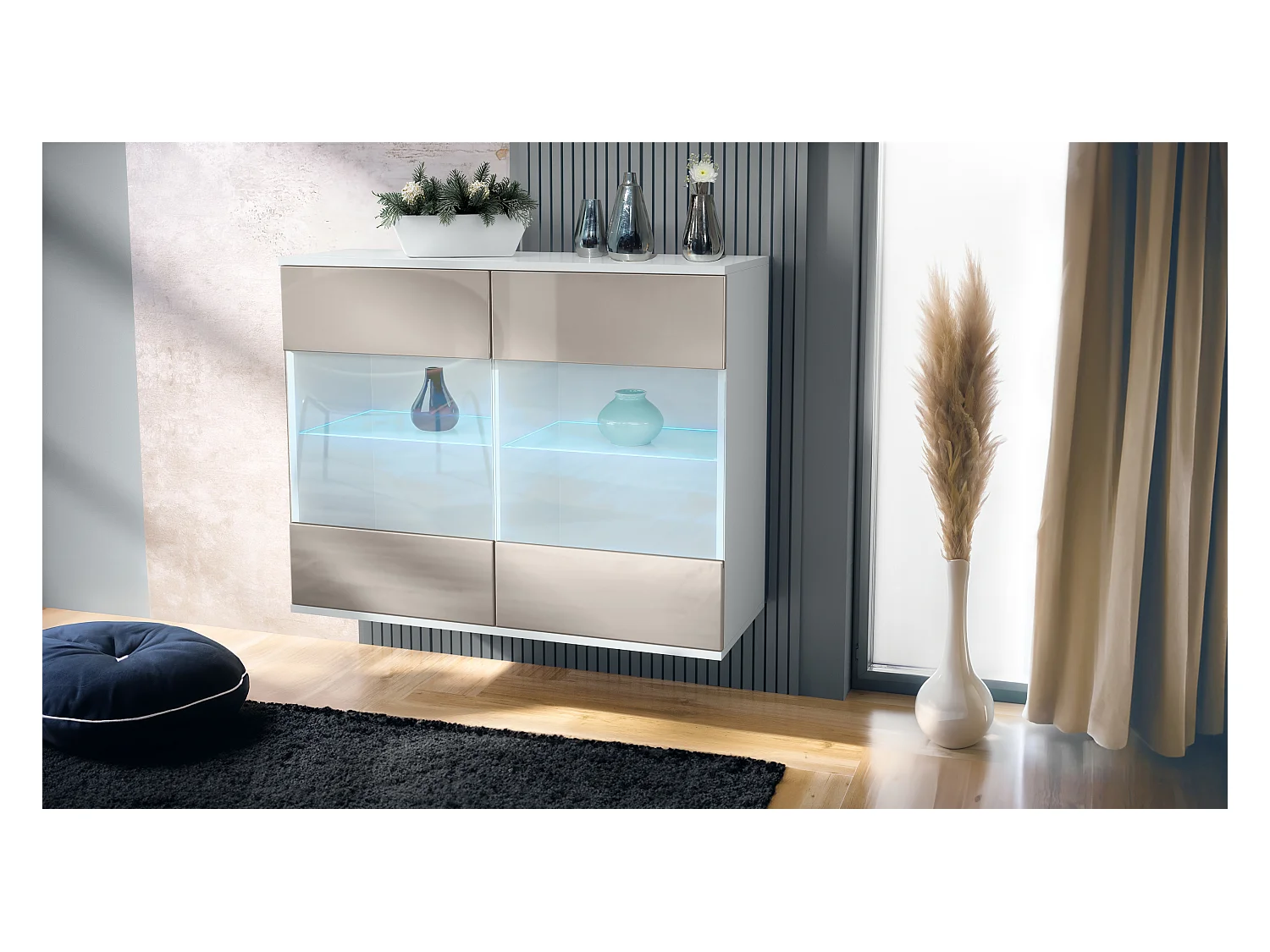 Commode Bari V3, Armoire de cuisine moderne avec 2 grandes portes vitrées incl. éclairage RGB blanc mat / gris sable haute brillance (92,5 x 73.5 x 35)