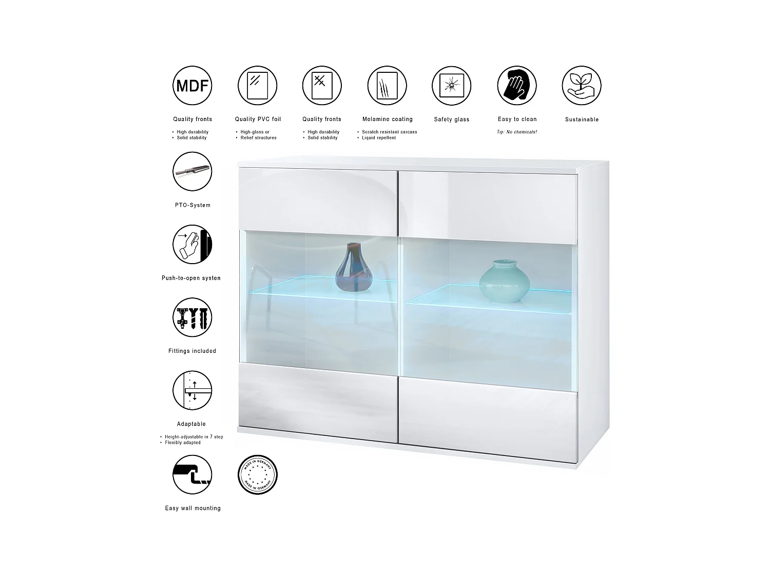 Commode Bari V3, Armoire de cuisine moderne avec 2 grandes portes vitrées incl. éclairage RGB blanc mat / gris sable haute brillance (92,5 x 73.5 x 35)