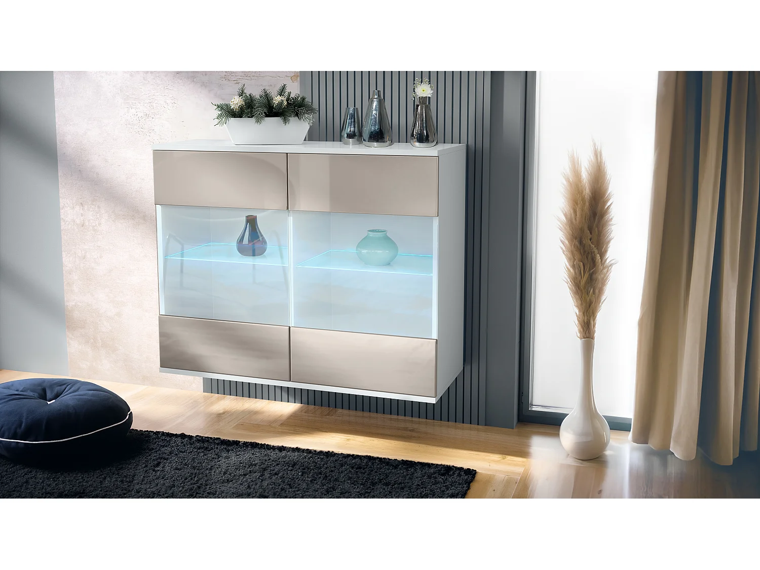 Cómoda Bari V3, Moderno armario de cocina con 2 grandes puertas de cristal incl. iluminación RGB blanco mate / gris arena de alto brillo (92,5 x 73.5 x 35)