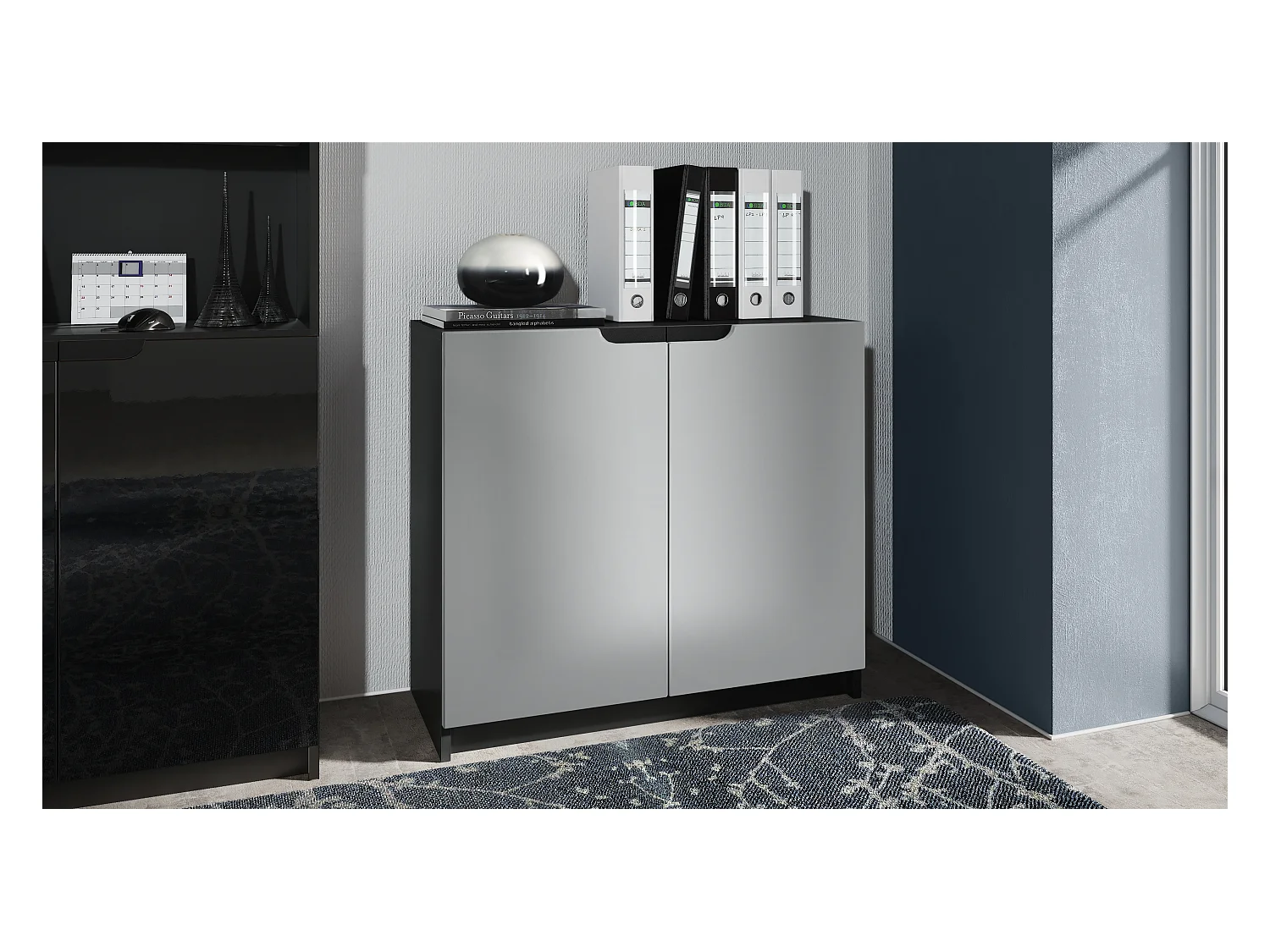 Buffet Logan, Commode avec 2 portes, noir mat/gris clair satiné mat (82 x 78 x 37 cm)