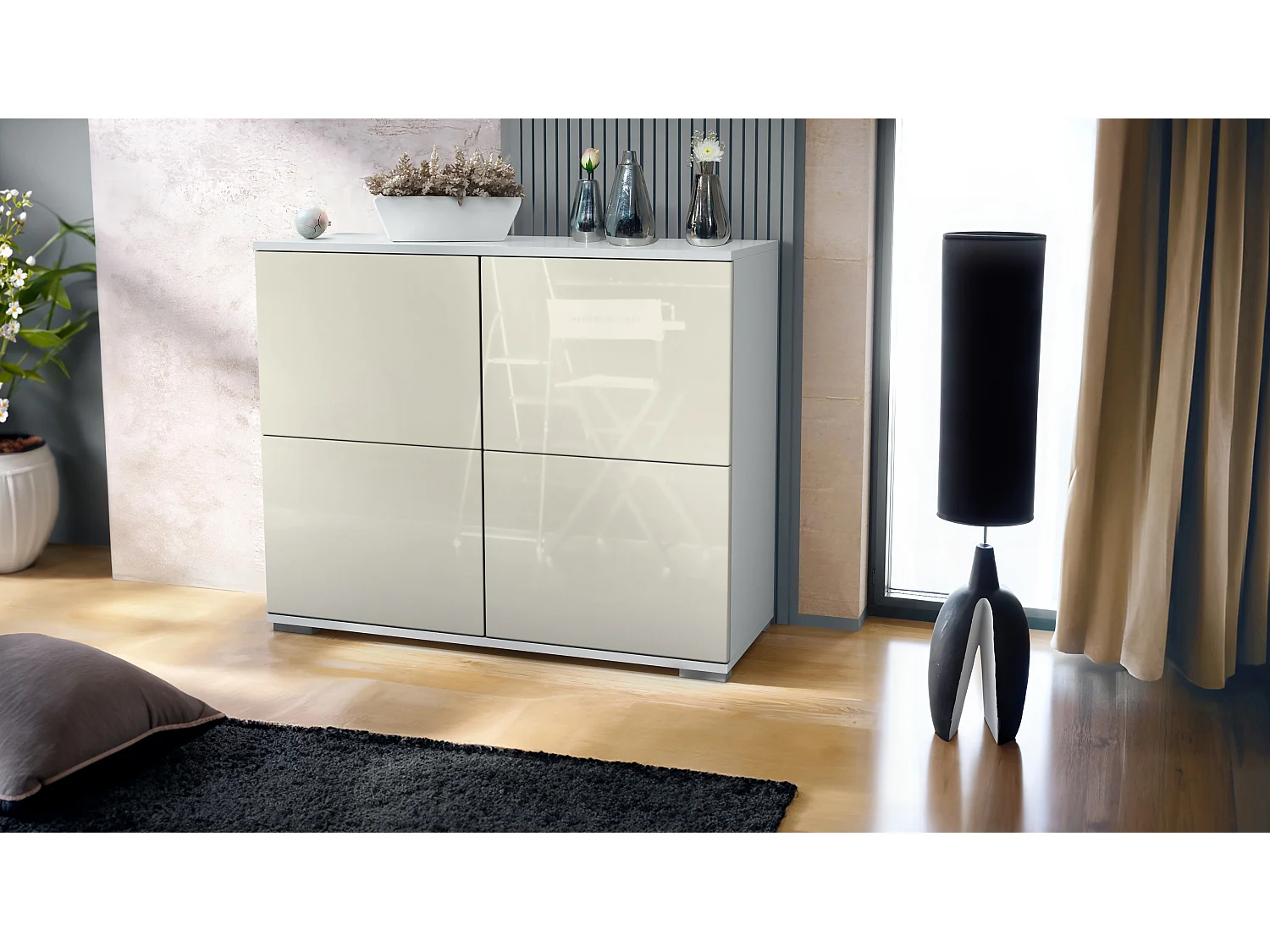 Credenza Rova V3 – Mobile da cucina moderno con 4 ante Push-to-Open bianco opaco / beige lucido (92,5 x 75.5 x 35)