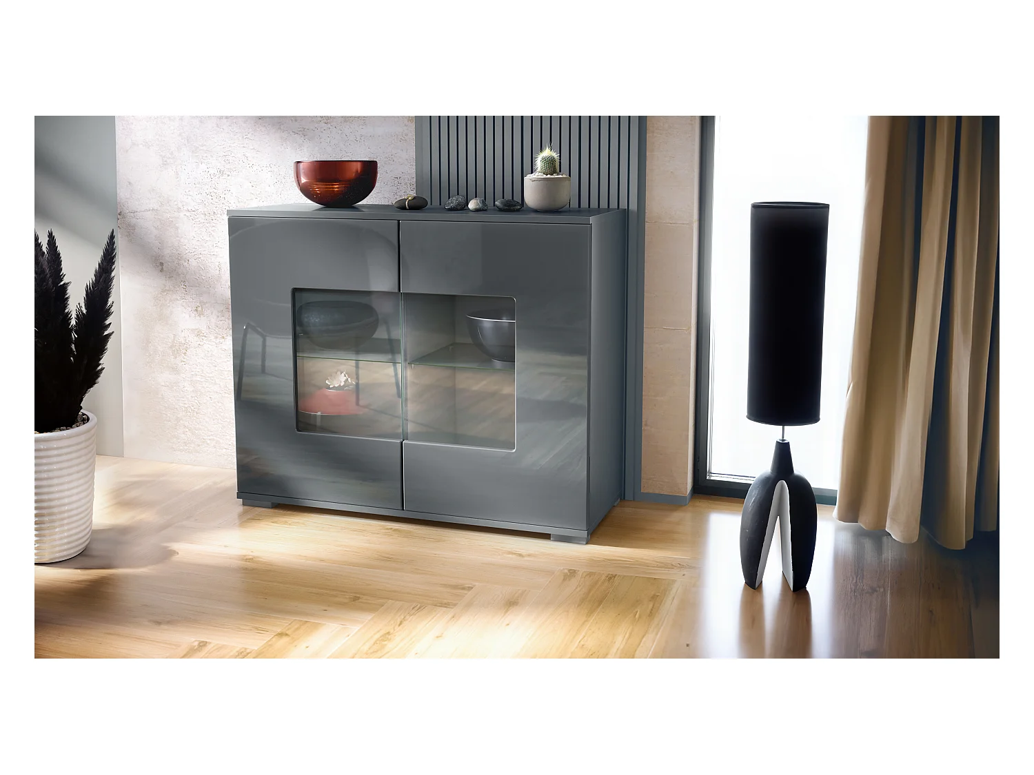 Commode Grömitz V3, Armoire de cuisine moderne avec 2 grandes portes vitrées anthracite mat / gris haute brillance (92,5 x 75.5 x 35)