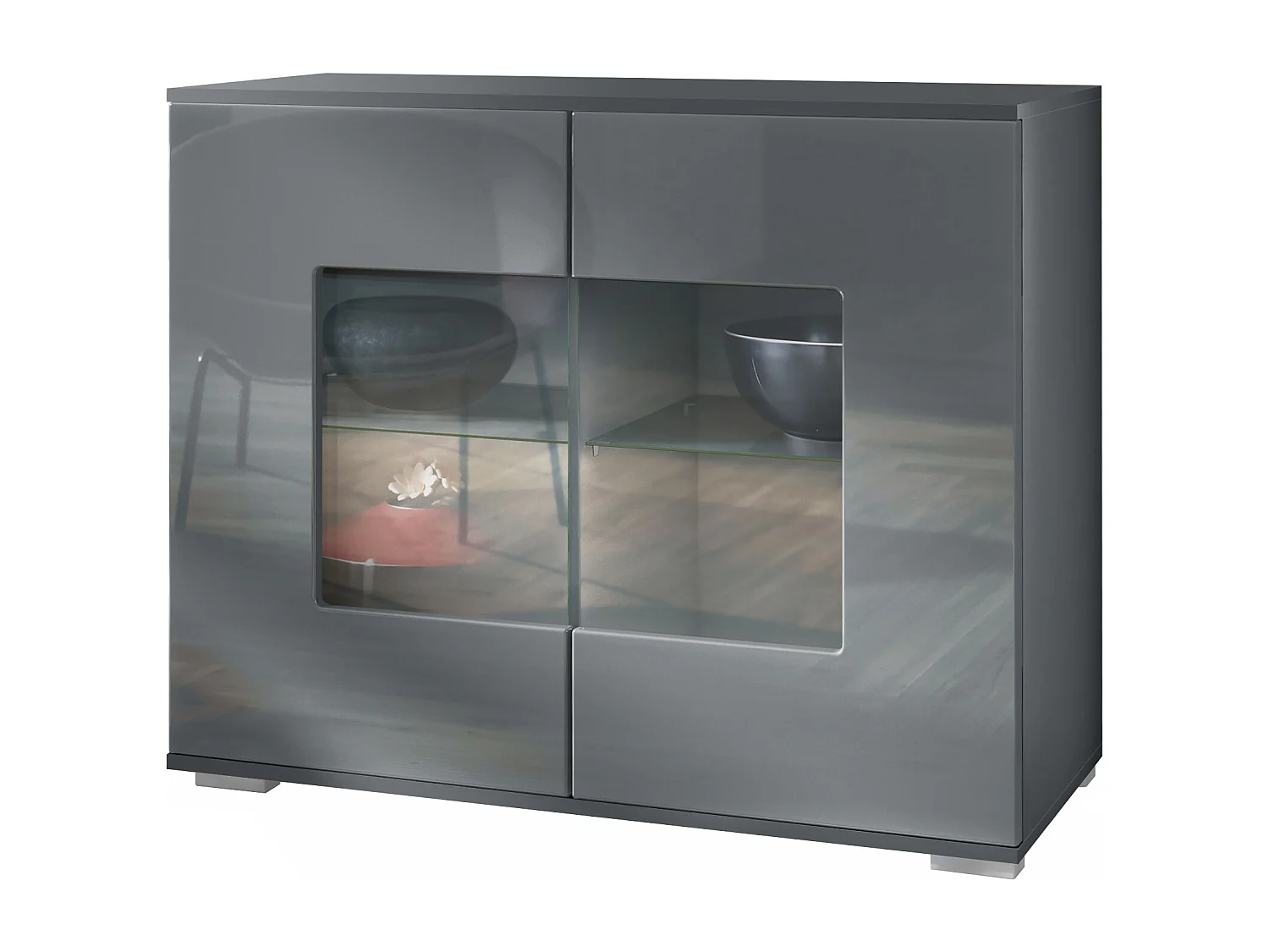 Cómoda Grömitz V3, Moderno armario de cocina con 2 grandes puertas de cristal antracita mate / gris de alto brillo (92,5 x 75.5 x 35)