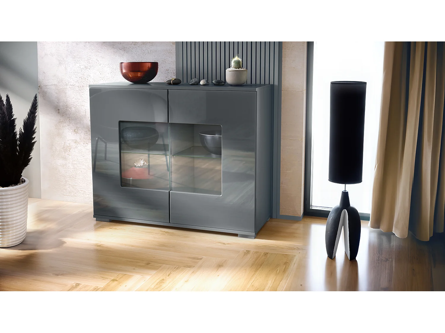 Cómoda Grömitz V3, Moderno armario de cocina con 2 grandes puertas de cristal antracita mate / gris de alto brillo (92,5 x 75.5 x 35)