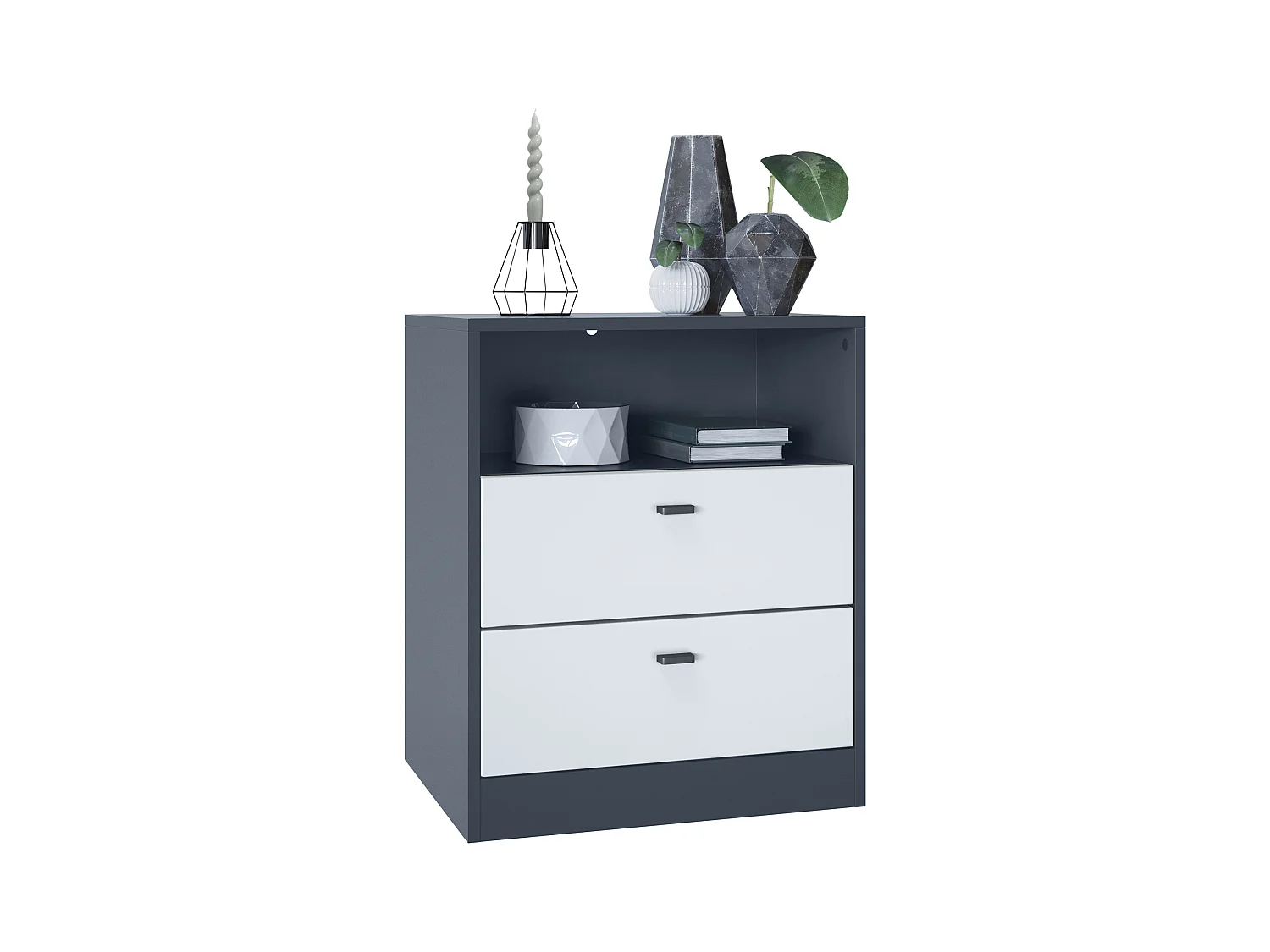 Buffet Pino V1, table de chevet avec 2 tiroirs & 1 compartiment ouvert, Anthracite mat/Blanc mat sans LED (56 x 67,5 x 36 cm)