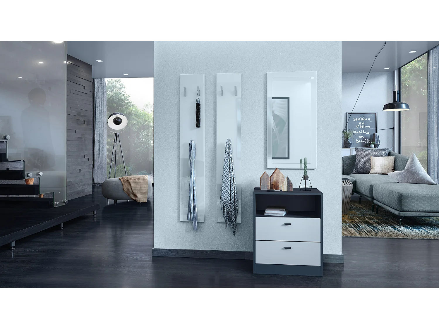 Buffet Pino V1, table de chevet avec 2 tiroirs & 1 compartiment ouvert, Anthracite mat/Blanc mat sans LED (56 x 67,5 x 36 cm)