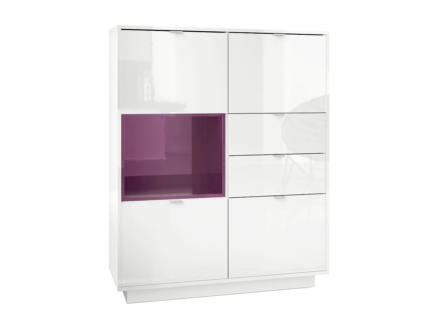 Credenza Metro, struttura in bianco lucido / frontale in bianco lucido con inserto in violetto-porpora.