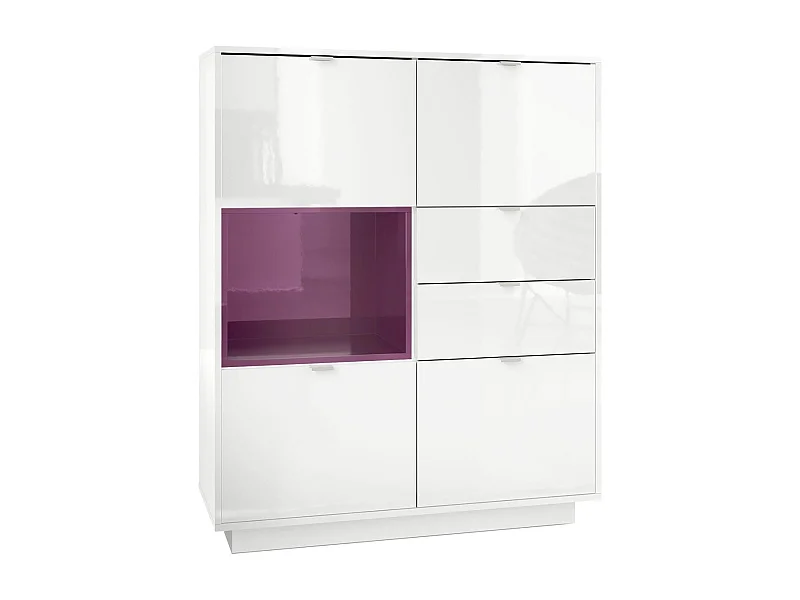Buffet haut Armoire Metro, Corps en Blanc haute brillance / Façades en Blanc haute brillance avec une insertion en Mûre haute brillance