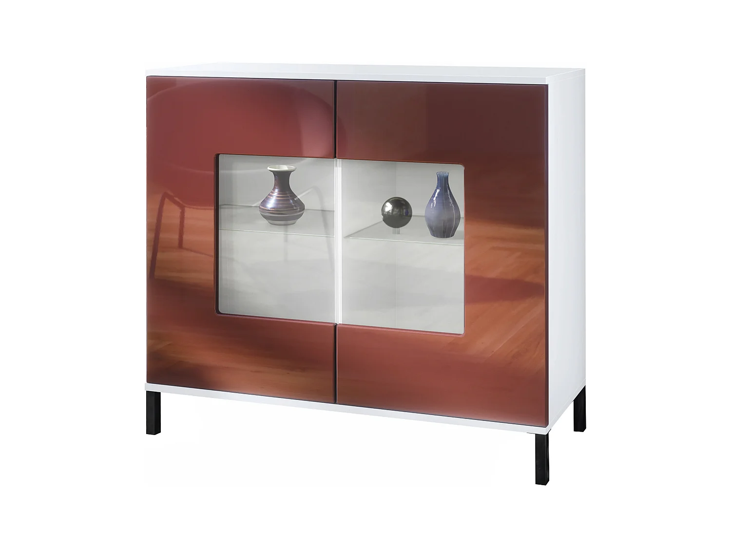 Commode Grömitz V3, Armoire de cuisine moderne avec 2 grandes portes vitrées blanc mat / bordeaux haute brillance (92,5 x 83.5 x 35)