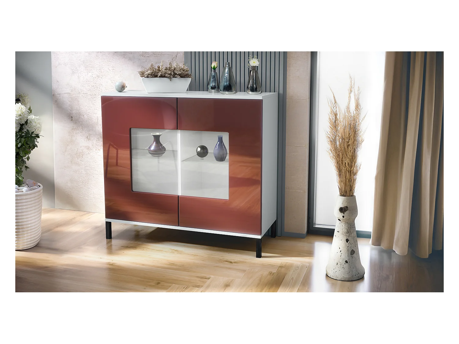 Commode Grömitz V3, Armoire de cuisine moderne avec 2 grandes portes vitrées blanc mat / bordeaux haute brillance (92,5 x 83.5 x 35)