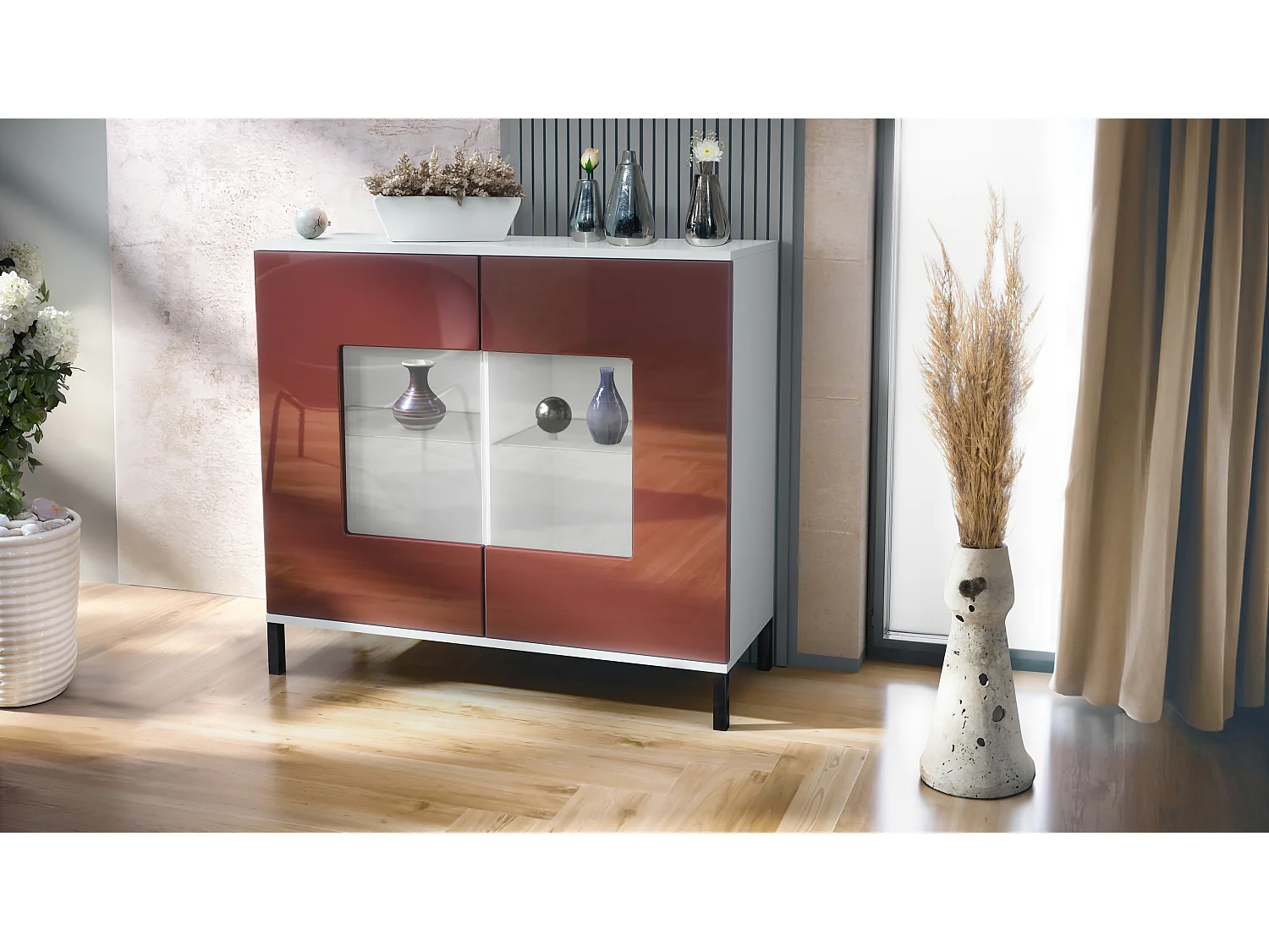 Commode Grömitz V3, Armoire de cuisine moderne avec 2 grandes portes vitrées blanc mat / bordeaux haute brillance (92,5 x 83.5 x 35)