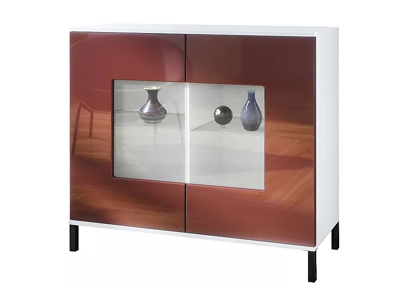 Commode Grömitz V3, Armoire de cuisine moderne avec 2 grandes portes vitrées blanc mat / bordeaux haute brillance (92,5 x 83.5 x 35)