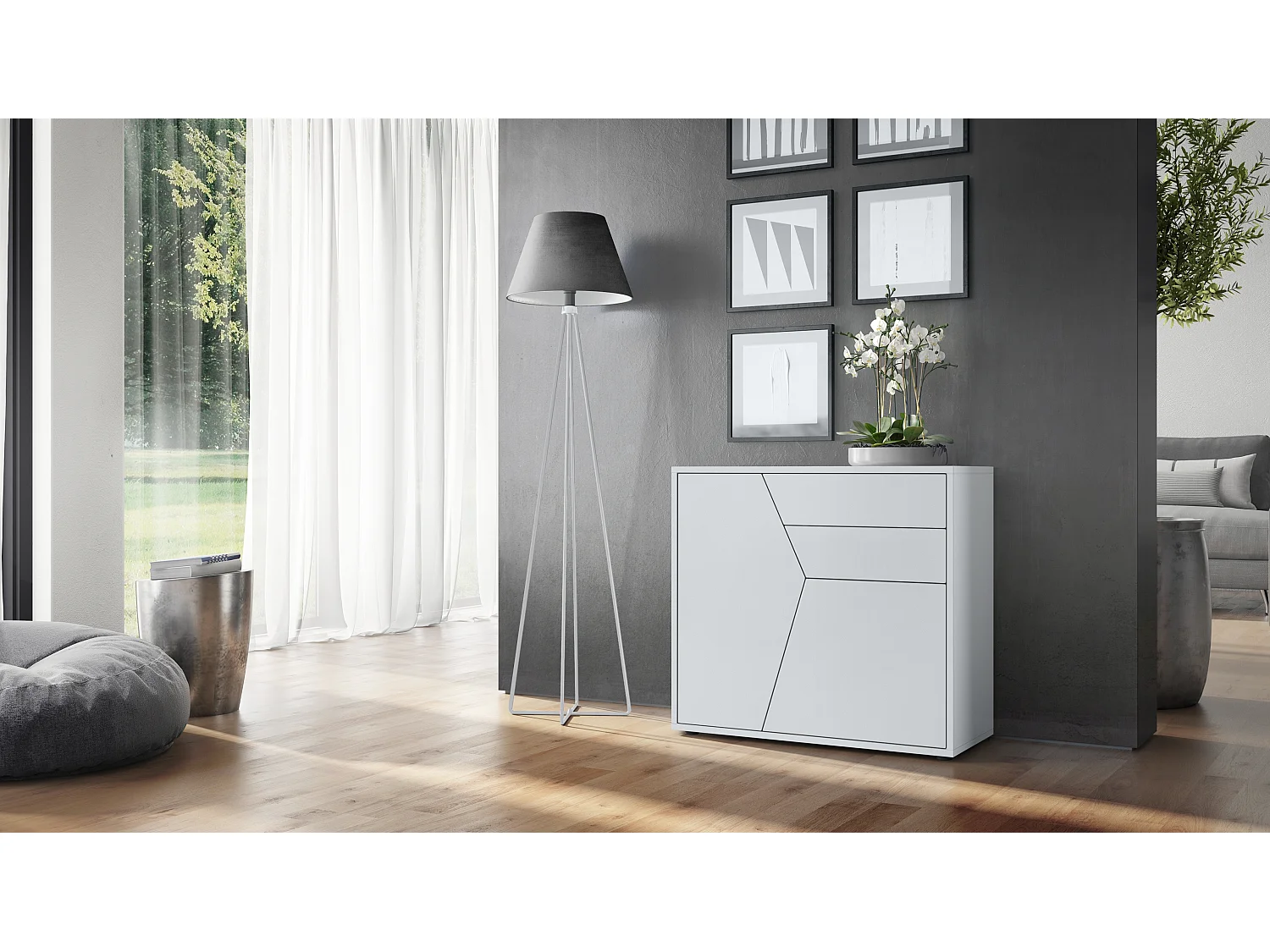 Credenza  Benny, mobile con 2 ante e 2 cassetti, bianco opaco/bianco opaco (79 x 74 x 36 cm)