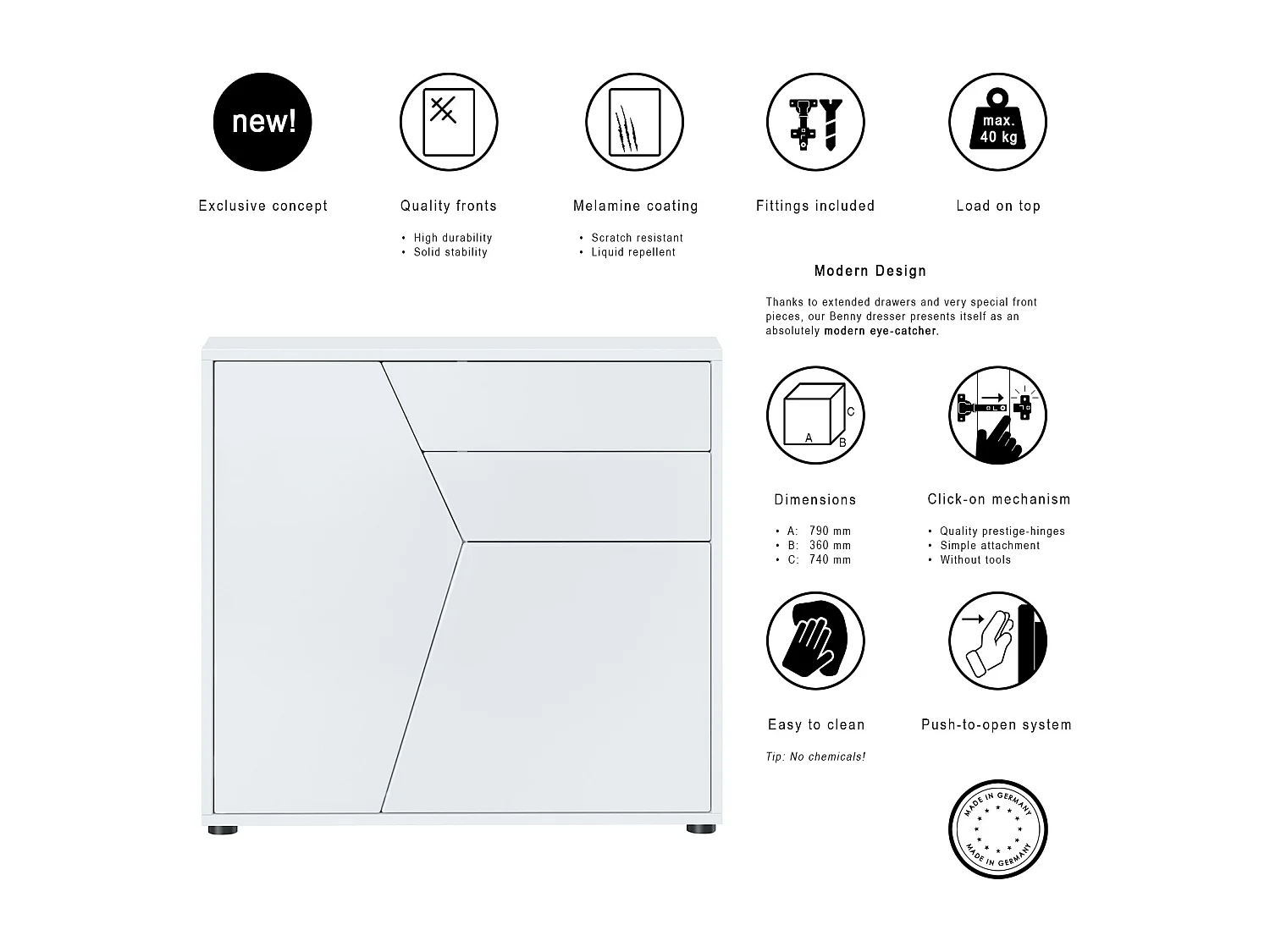 Credenza  Benny, mobile con 2 ante e 2 cassetti, bianco opaco/bianco opaco (79 x 74 x 36 cm)