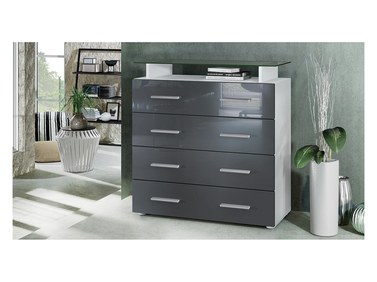 Buffet Pavos V2, Commode avec 4 tiroirs et mini-étagère en verre, blanc mat/gris haute brillance (76 x 81 x 35 cm)