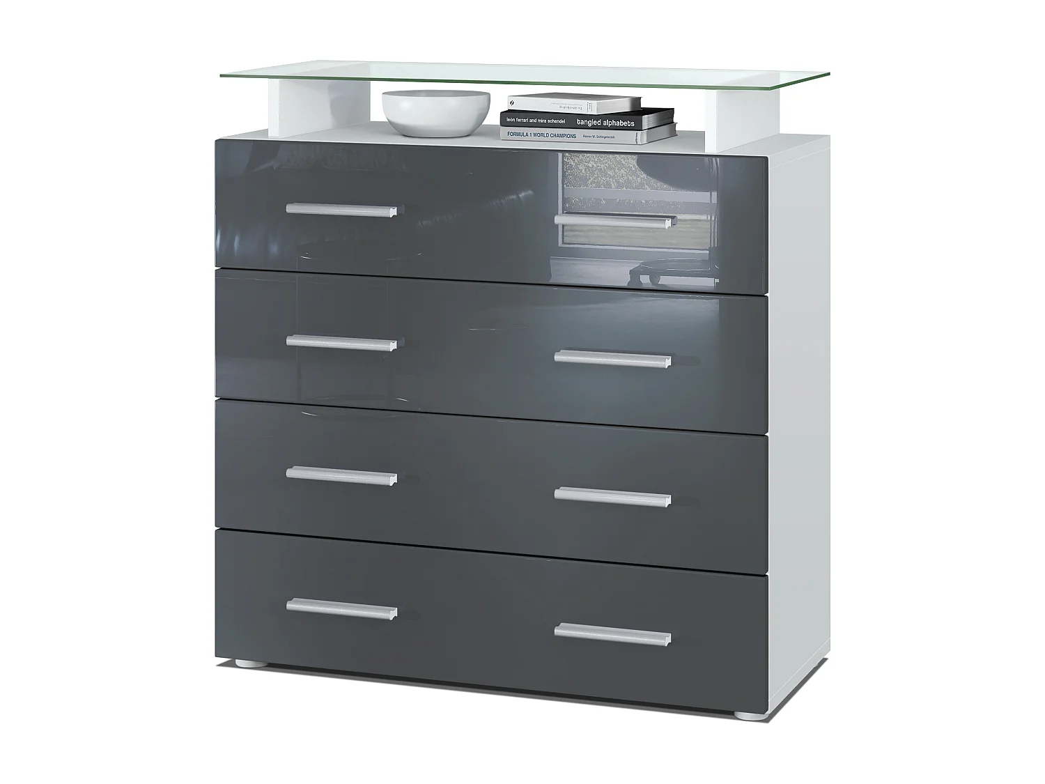 Buffet Pavos V2, Commode avec 4 tiroirs et mini-étagère en verre, blanc mat/gris haute brillance (76 x 81 x 35 cm)