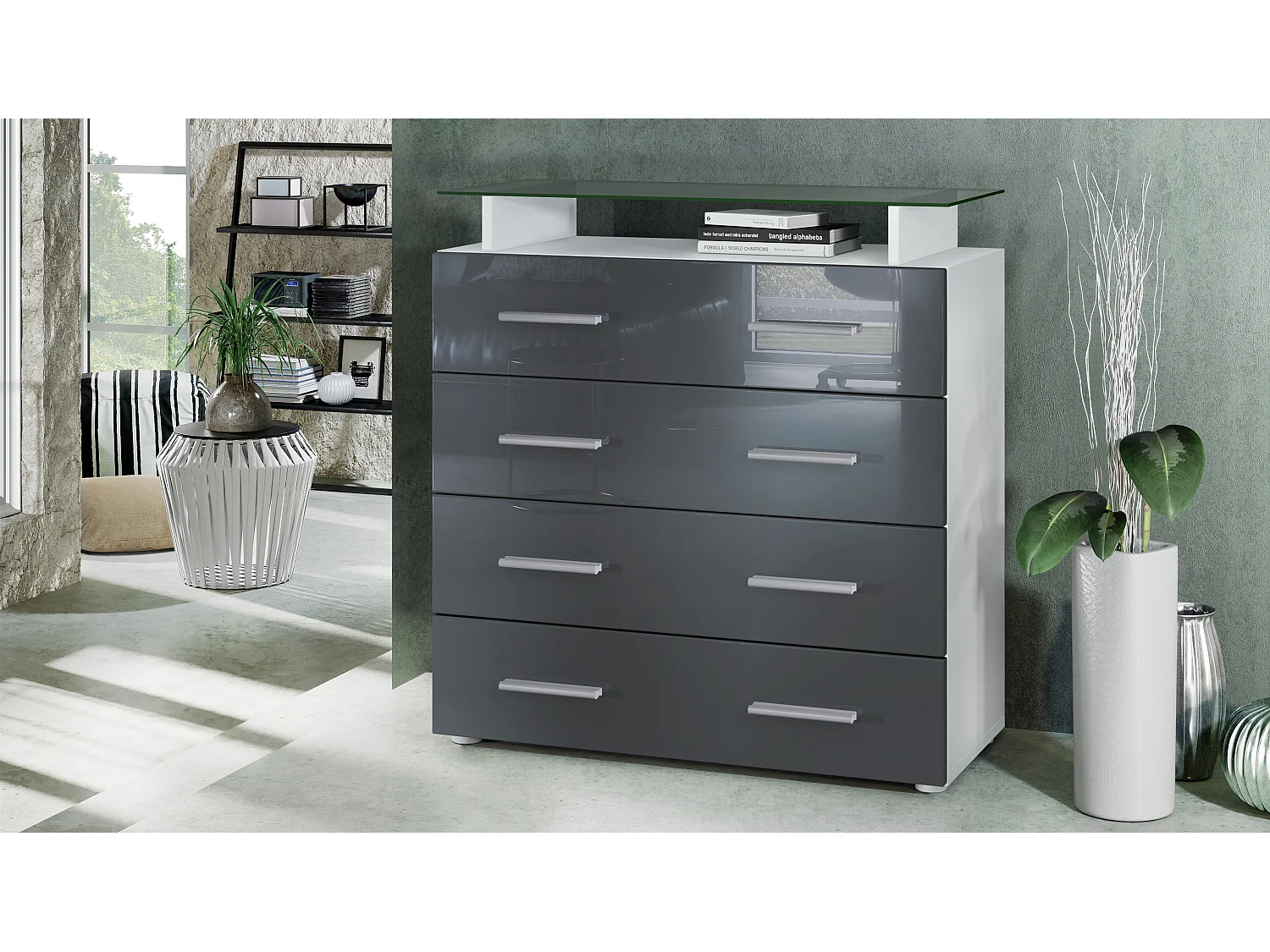 Buffet Pavos V2, Commode avec 4 tiroirs et mini-étagère en verre, blanc mat/gris haute brillance (76 x 81 x 35 cm)