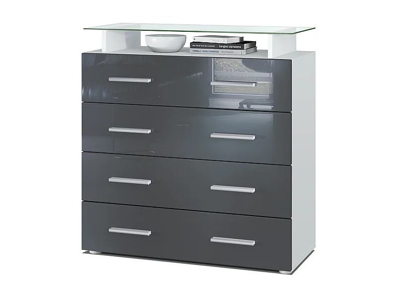 Buffet Pavos V2, Commode avec 4 tiroirs et mini-étagère en verre, blanc mat/gris haute brillance (76 x 81 x 35 cm)