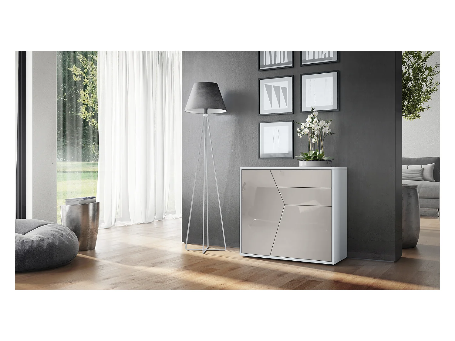 Buffet Benny, Commode avec 2 portes et 2 tiroirs, Blanc mat/Gris sable haute brillance (79 x 74 x 36 cm)