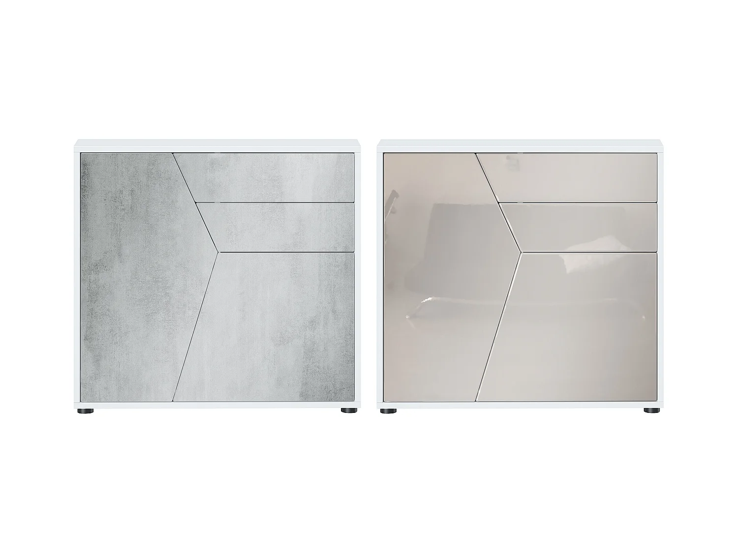 Buffet Benny, Commode avec 2 portes et 2 tiroirs, Blanc mat/Gris sable haute brillance (79 x 74 x 36 cm)