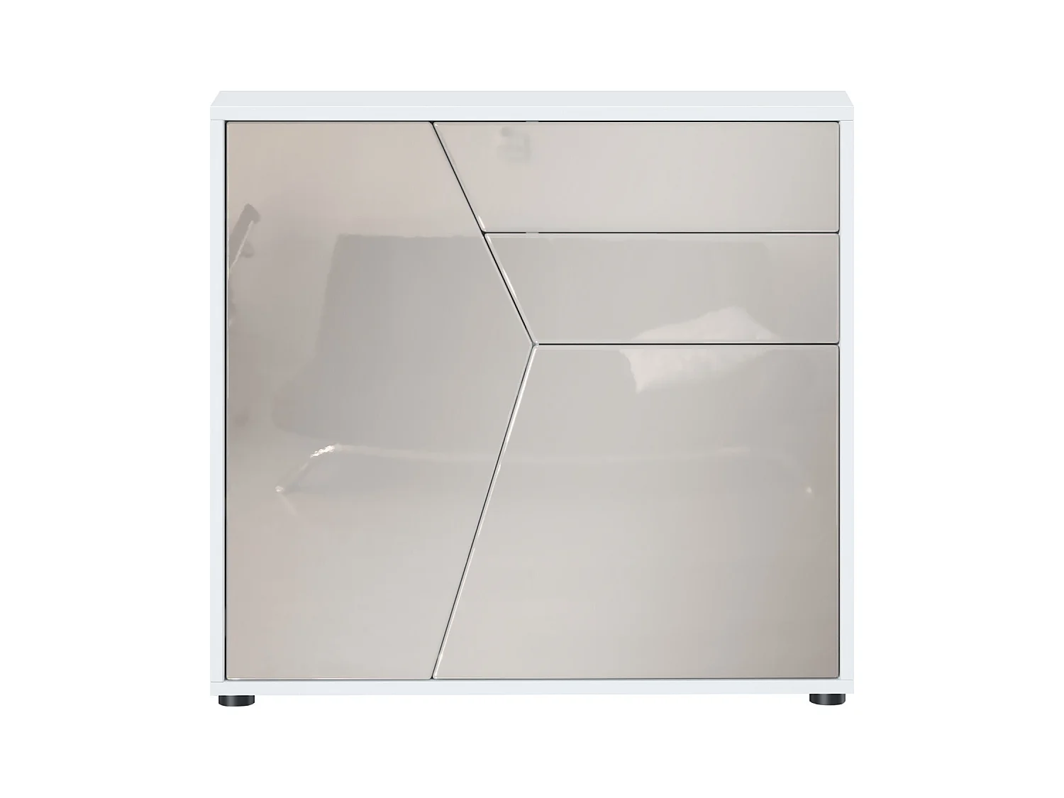 Buffet Benny, Commode avec 2 portes et 2 tiroirs, Blanc mat/Gris sable haute brillance (79 x 74 x 36 cm)