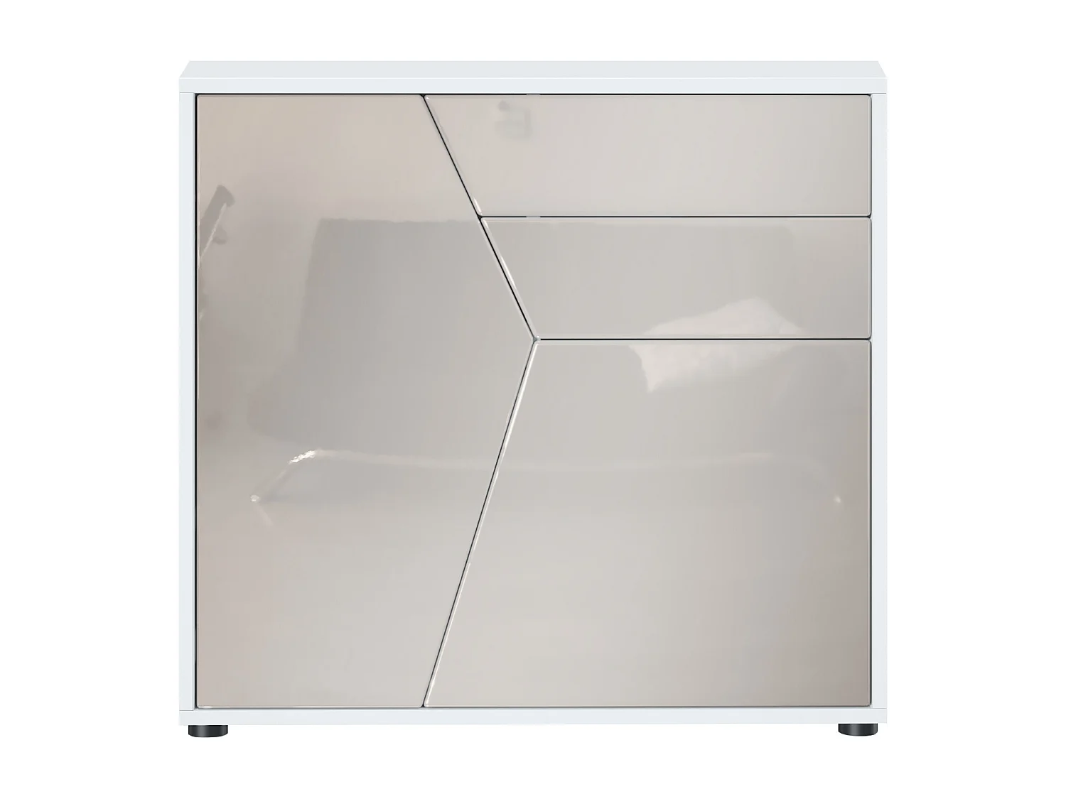 Buffet Benny, Commode avec 2 portes et 2 tiroirs, Blanc mat/Gris sable haute brillance (79 x 74 x 36 cm)