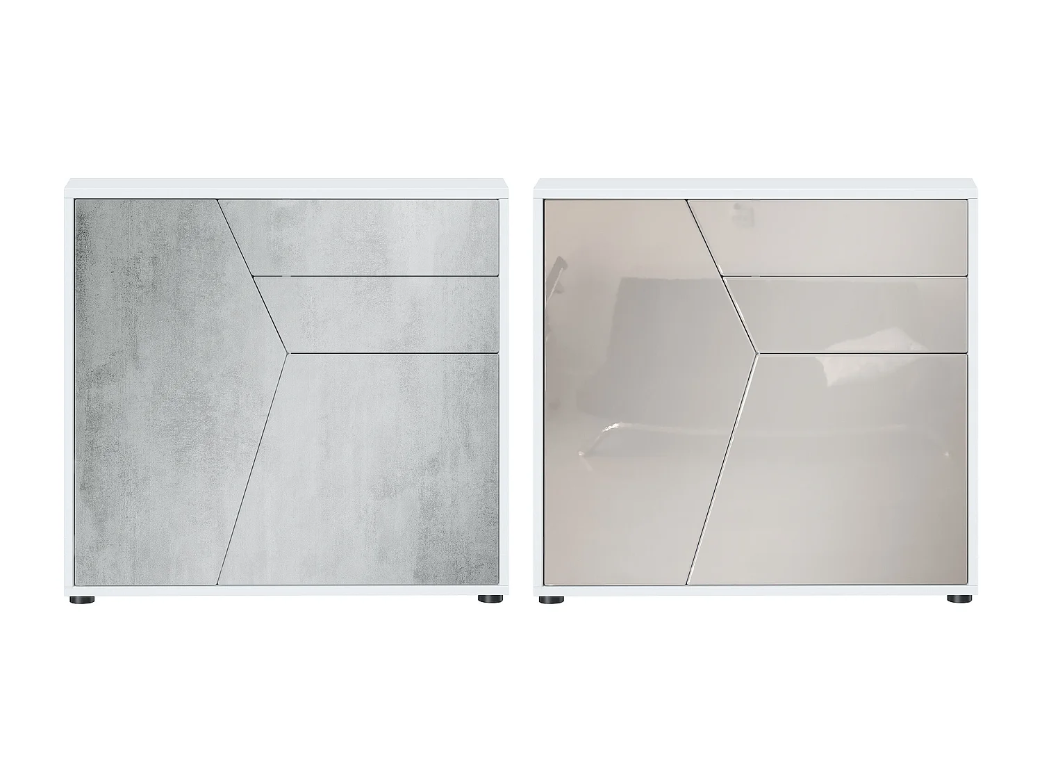 Buffet Benny, Commode avec 2 portes et 2 tiroirs, Blanc mat/Gris sable haute brillance (79 x 74 x 36 cm)