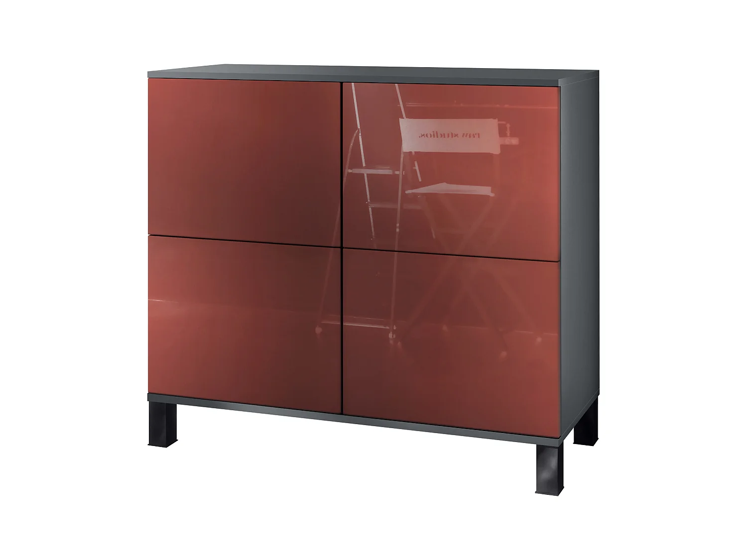 Buffet Rova V3 – Meuble de cuisine moderne avec 4 portes Push-to-Open anthracite mat / bordeaux haute brillance (92,5 x 84.5 x 35)