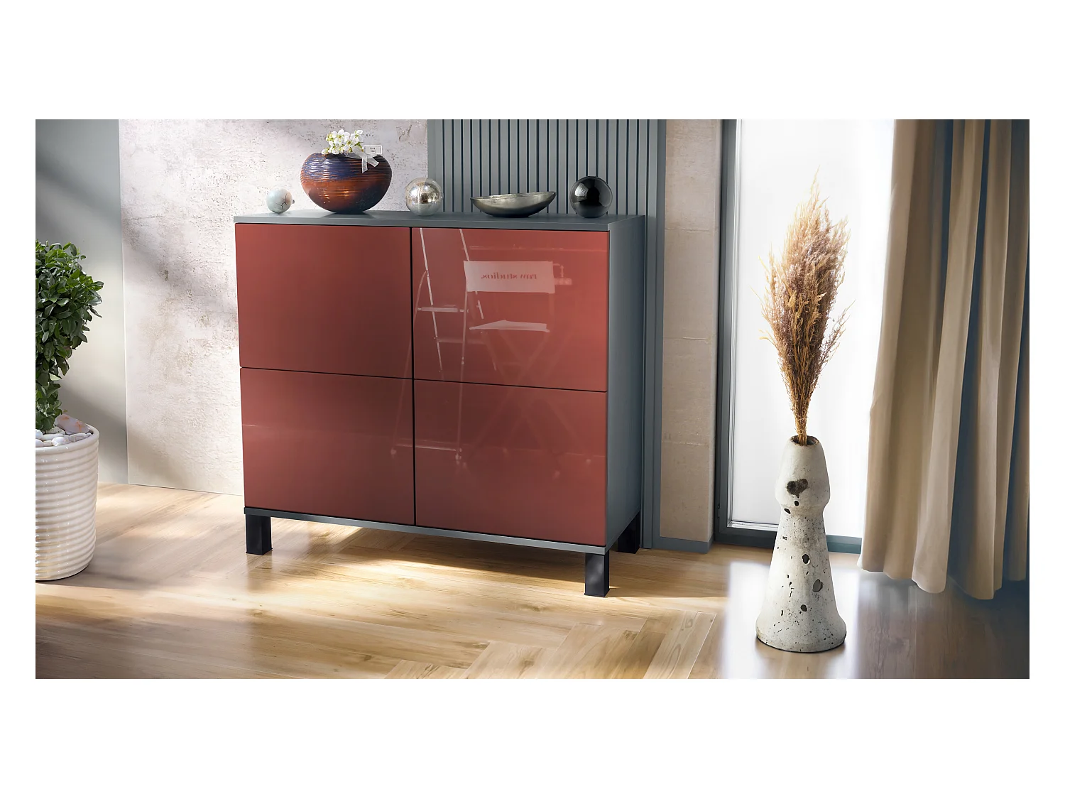 Buffet Rova V3 – Meuble de cuisine moderne avec 4 portes Push-to-Open anthracite mat / bordeaux haute brillance (92,5 x 84.5 x 35)