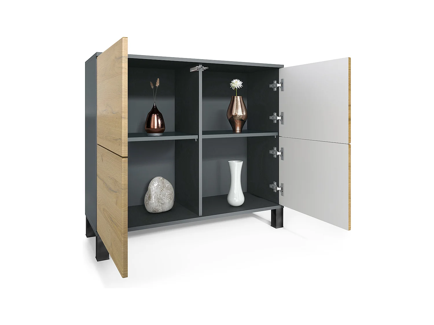 Buffet Rova V3 – Meuble de cuisine moderne avec 4 portes Push-to-Open anthracite mat / bordeaux haute brillance (92,5 x 84.5 x 35)