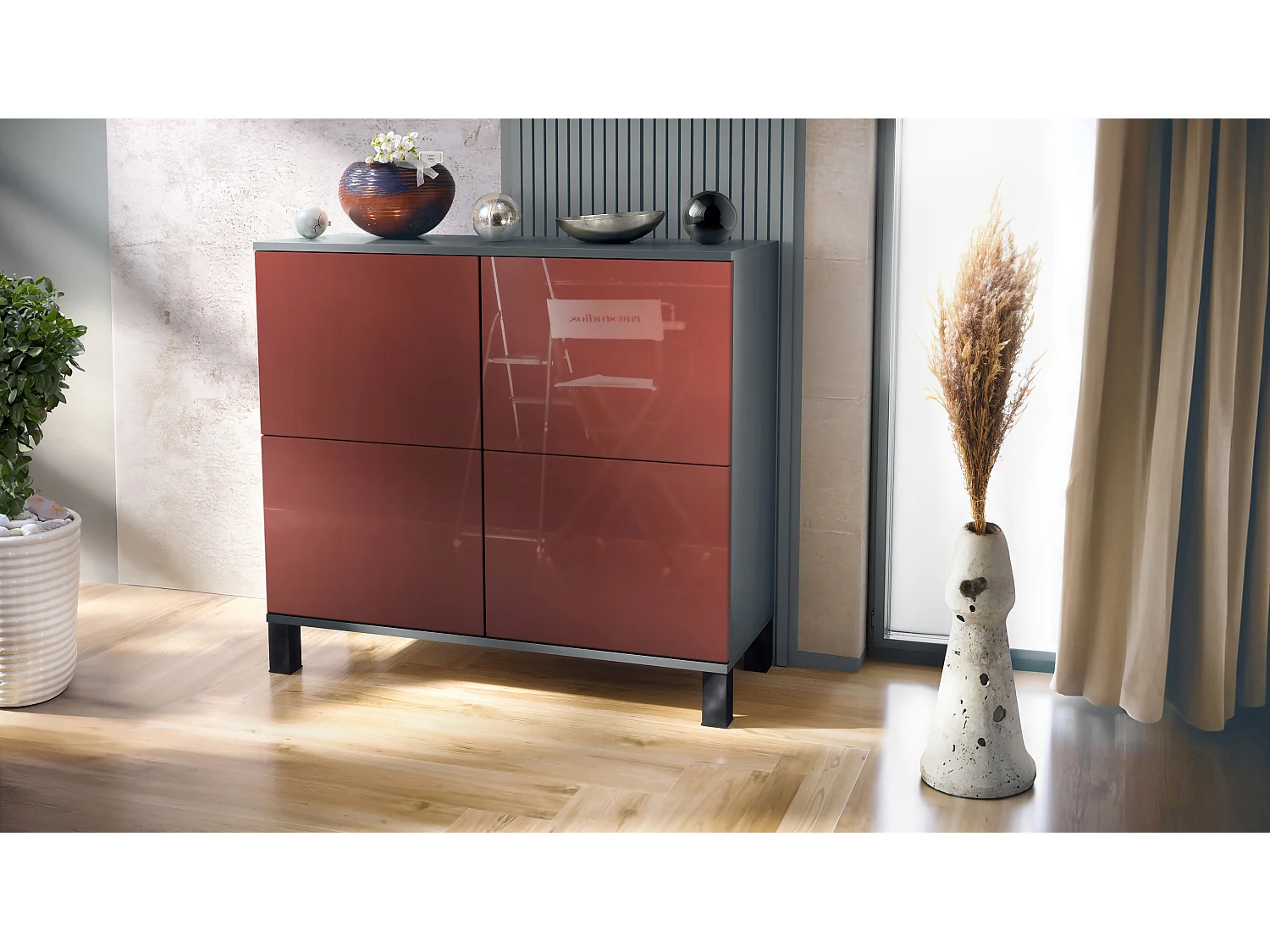Credenza Rova V3 – Mobile da cucina moderno con 4 ante Push-to-Open antracite opaco  / bordeaux lucido (92,5 x 84.5 x 35)