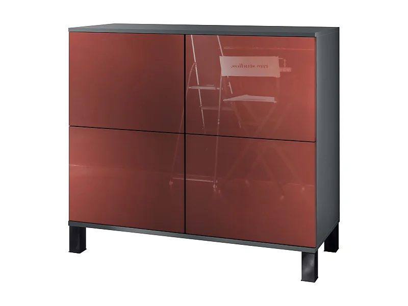 Buffet Rova V3 – Meuble de cuisine moderne avec 4 portes Push-to-Open anthracite mat / bordeaux haute brillance (92,5 x 84.5 x 35)