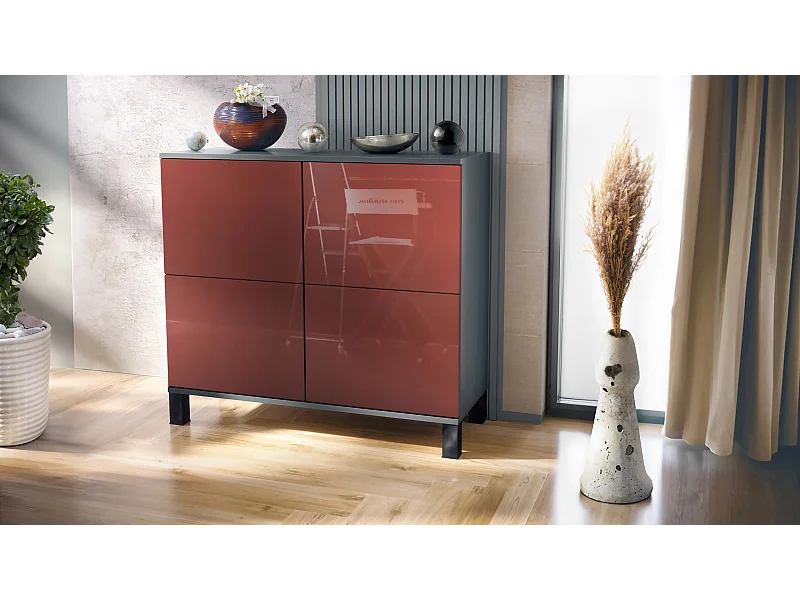 Buffet Rova V3 – Meuble de cuisine moderne avec 4 portes Push-to-Open anthracite mat / bordeaux haute brillance (92,5 x 84.5 x 35)
