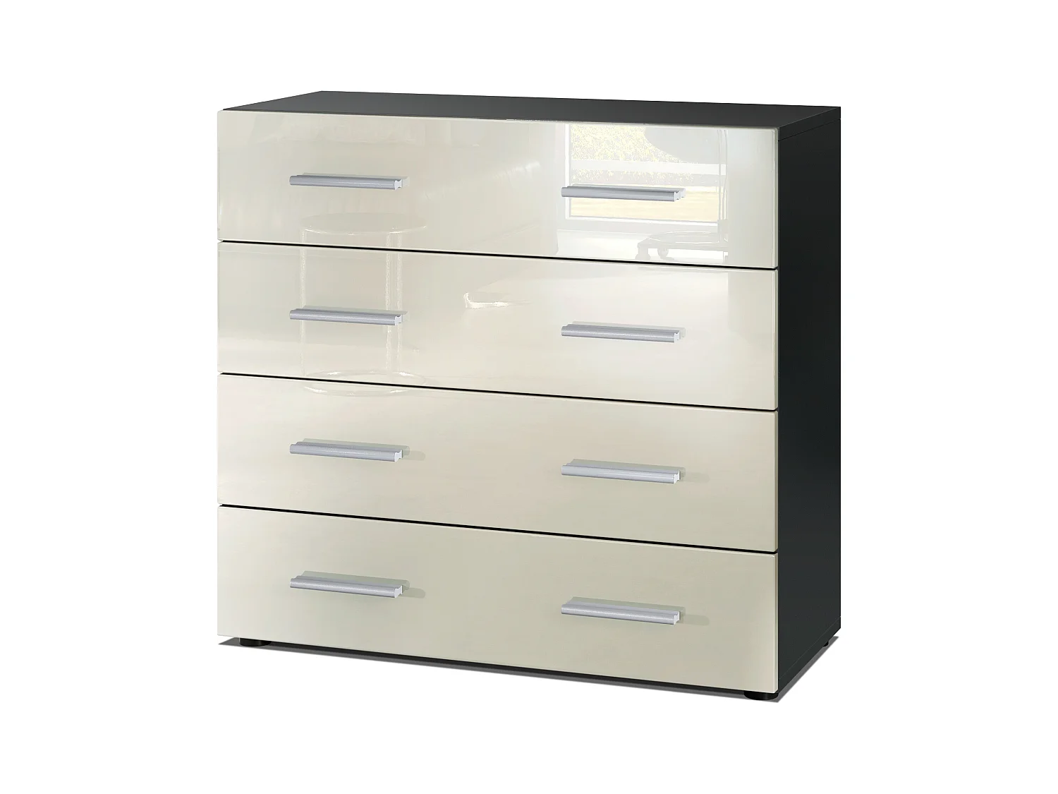 Buffet Pavos, Commode avec 4 tiroirs, noir mat/crème haute brillance (76 x 72 x 35 cm)