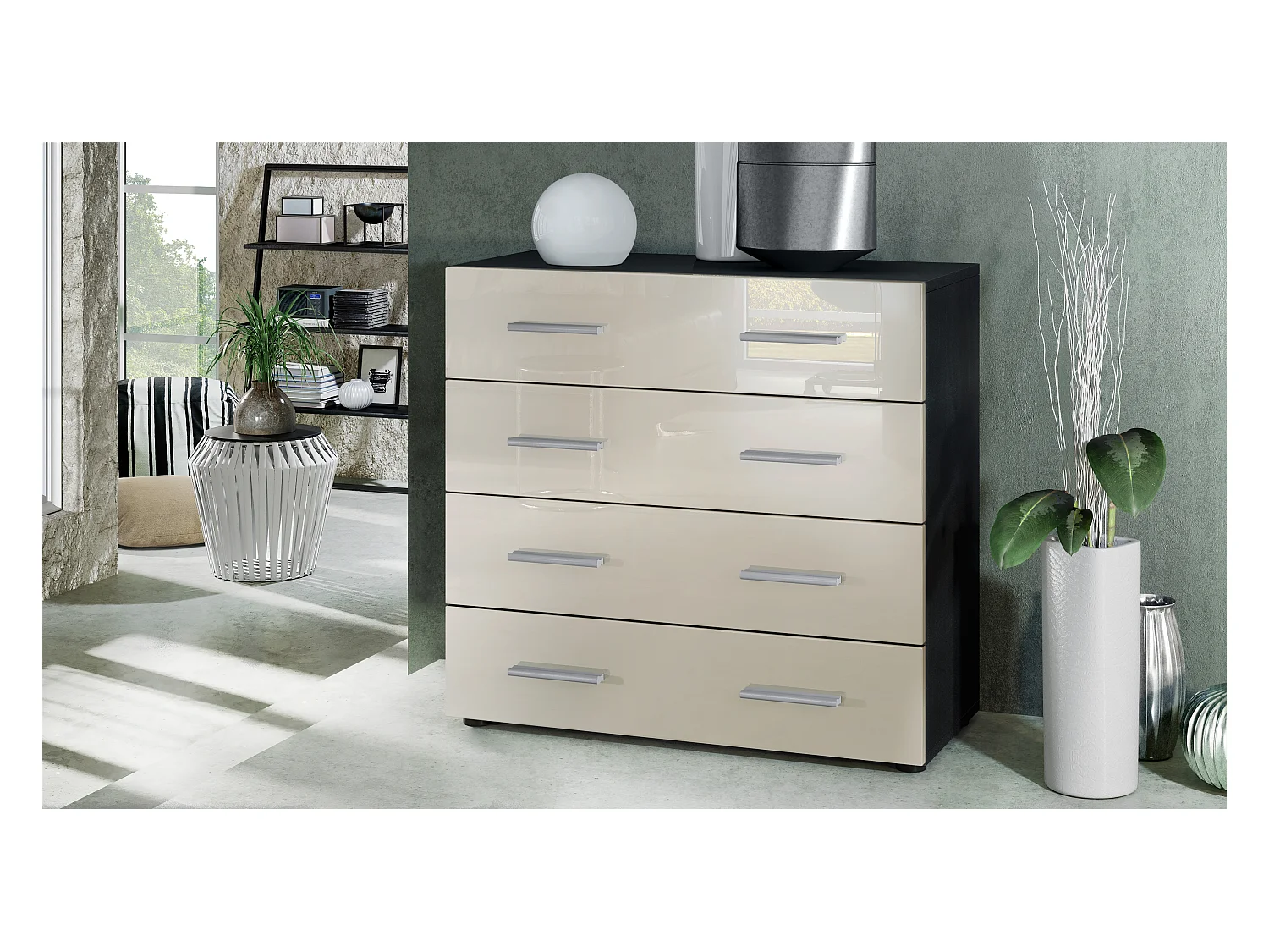 Buffet Pavos, Commode avec 4 tiroirs, noir mat/crème haute brillance (76 x 72 x 35 cm)