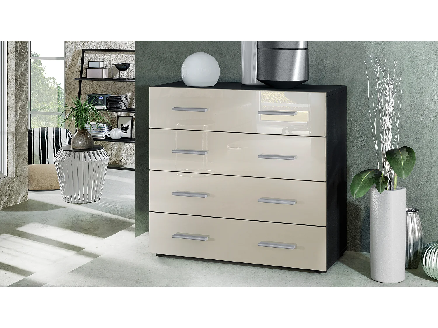Vladon Madia Pavos, mobile con 4 cassetti, nero opaco/beige lucido (76 x 72 x 35 cm)